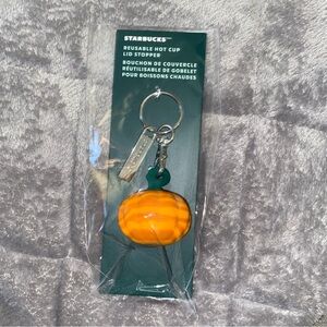 Starbucks Reusable Hot Cup Iid Stopper Keychain Pumpkin shape NWT‎